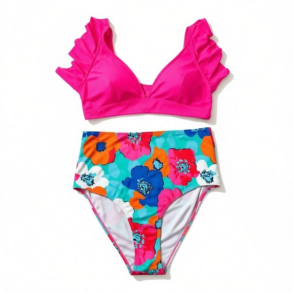 unbranded Other - Floral Pink Ruffle Bikini Set XL NWT